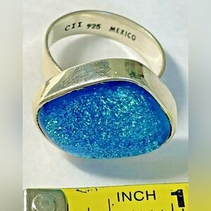 UNIQUE!  Sterling Silver .925 Dichroic Glass Blue Sparkle Large Ring Size 8.5